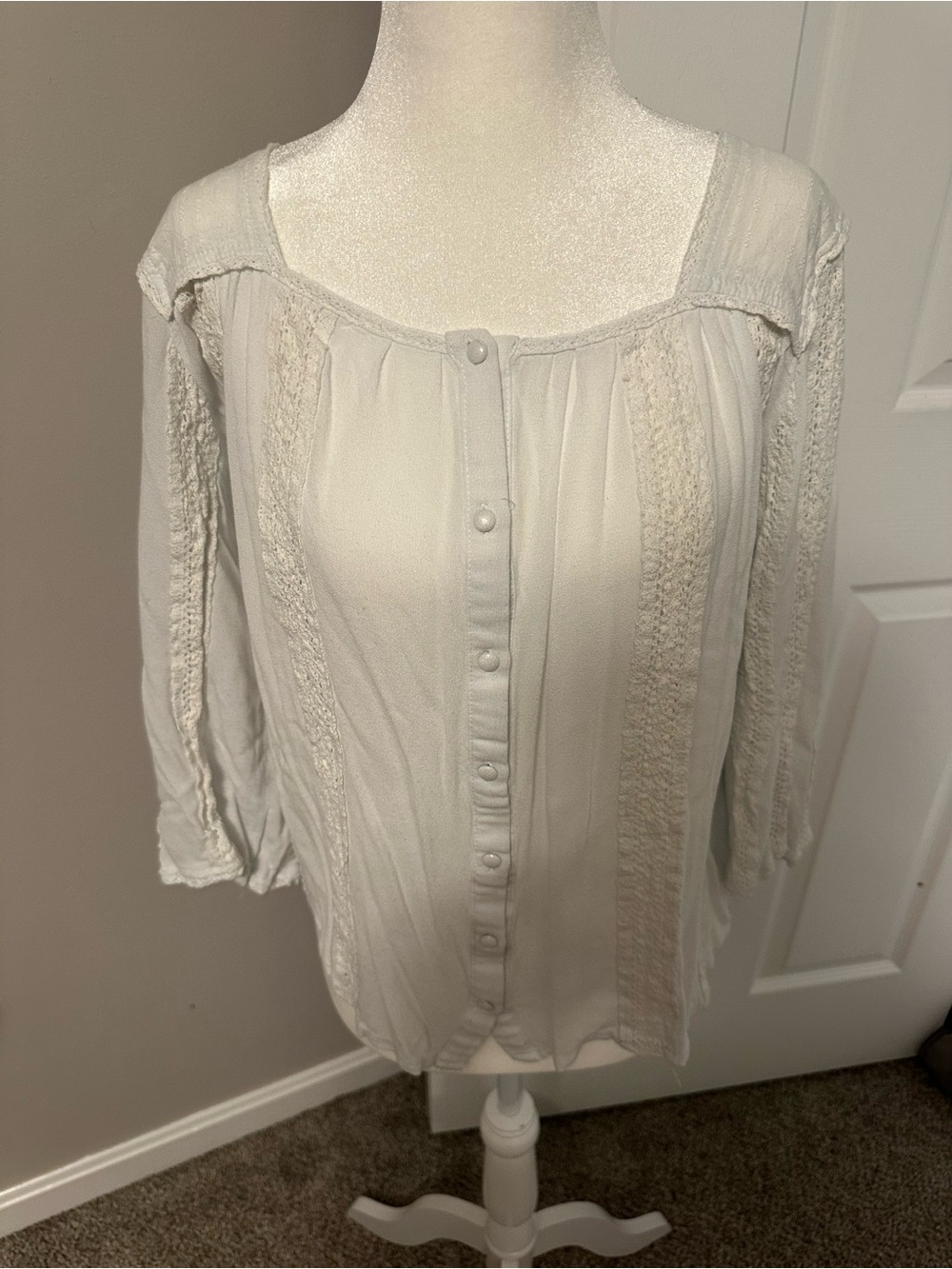 POL Cream Button-Front Peasant Blouse